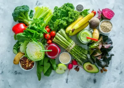 Alkaline diet concept - fresh foods on rustic background, copy space